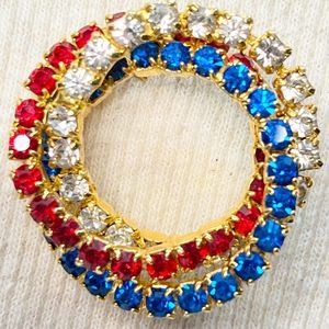 Spiral Circle Brooch Red White Blue Rhinestone Strands On Gold Tone Metal